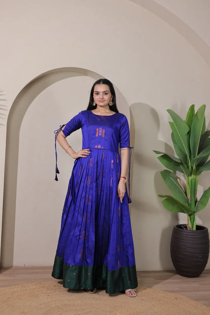 Pleated Flared Silk Tie-Up Sleeves Gown - Blue