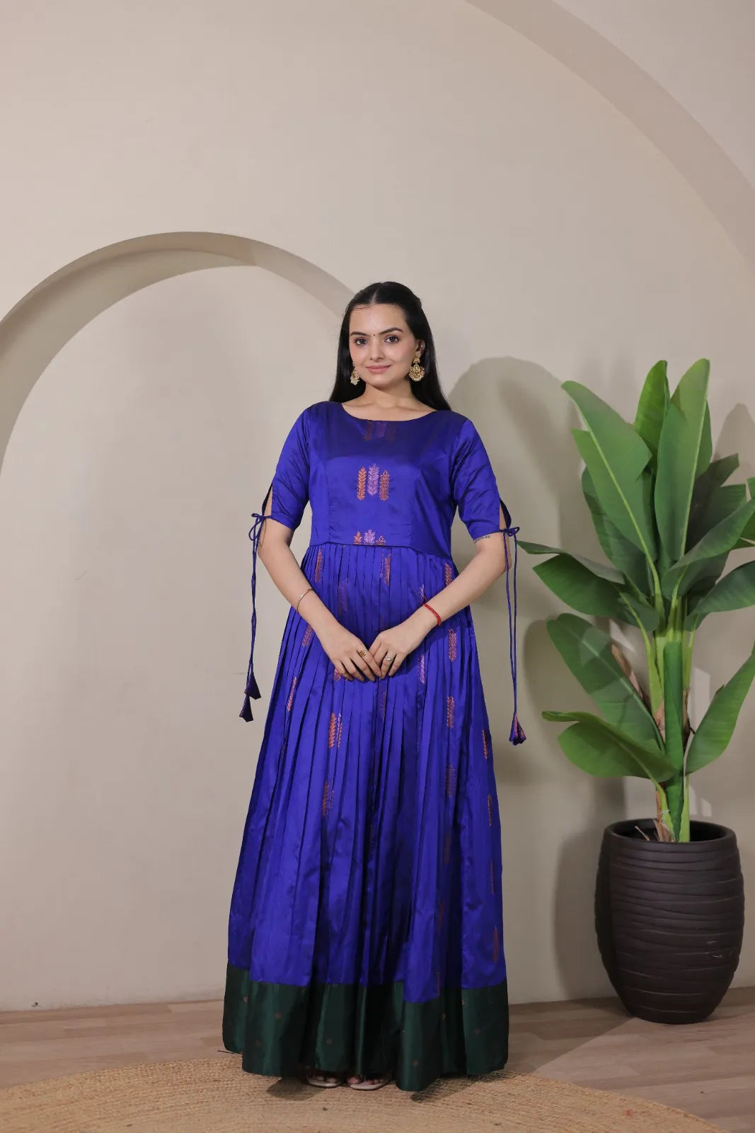 Pleated Flared Silk Tie-Up Sleeves Gown - Blue