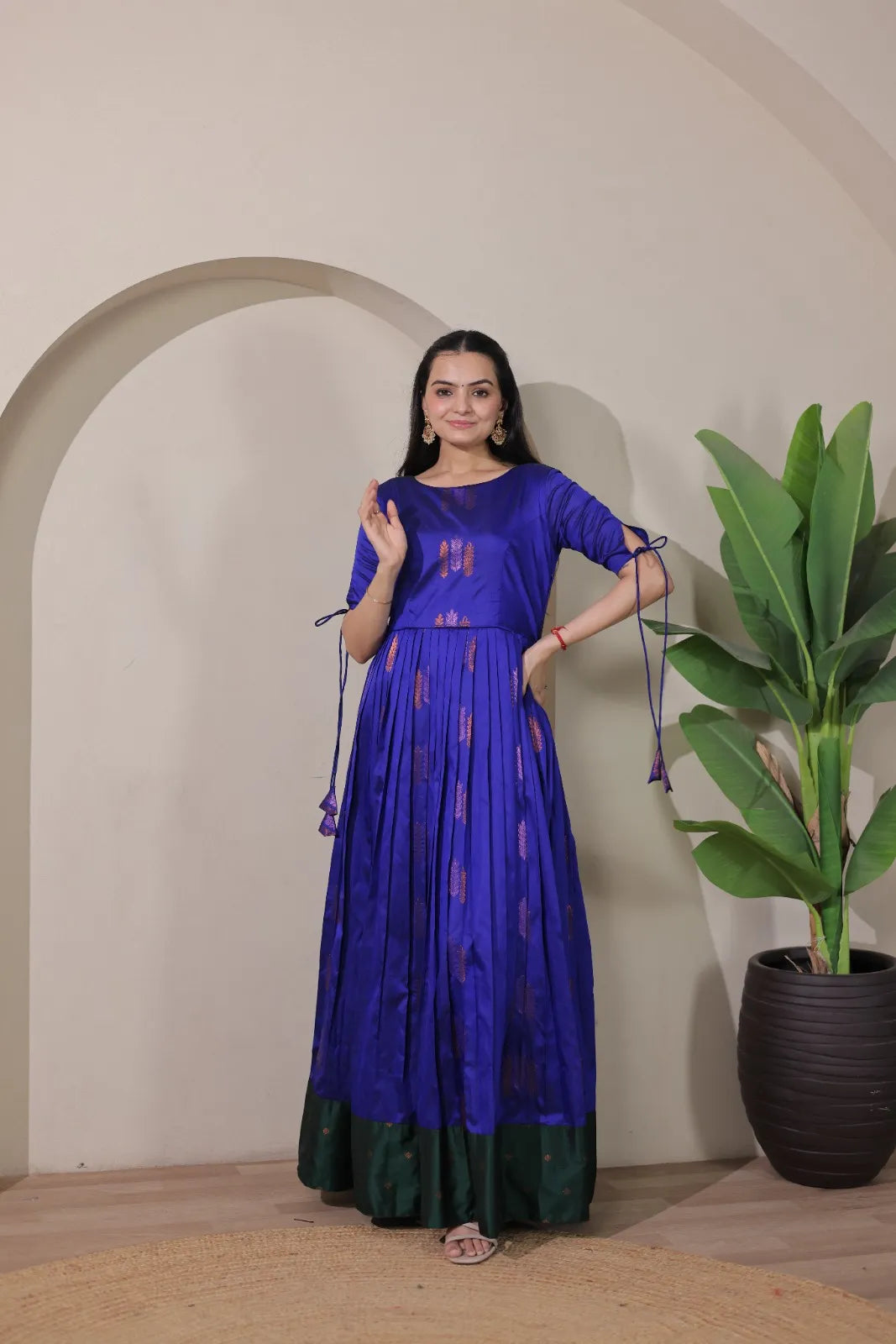 Pleated Flared Silk Tie-Up Sleeves Gown - Blue