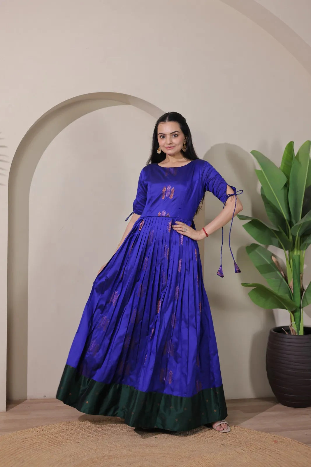 Pleated Flared Silk Tie-Up Sleeves Gown - Blue