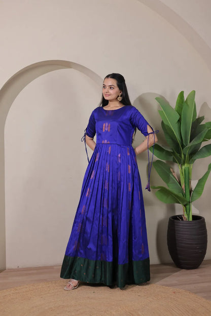 Pleated Flared Silk Tie-Up Sleeves Gown - Blue