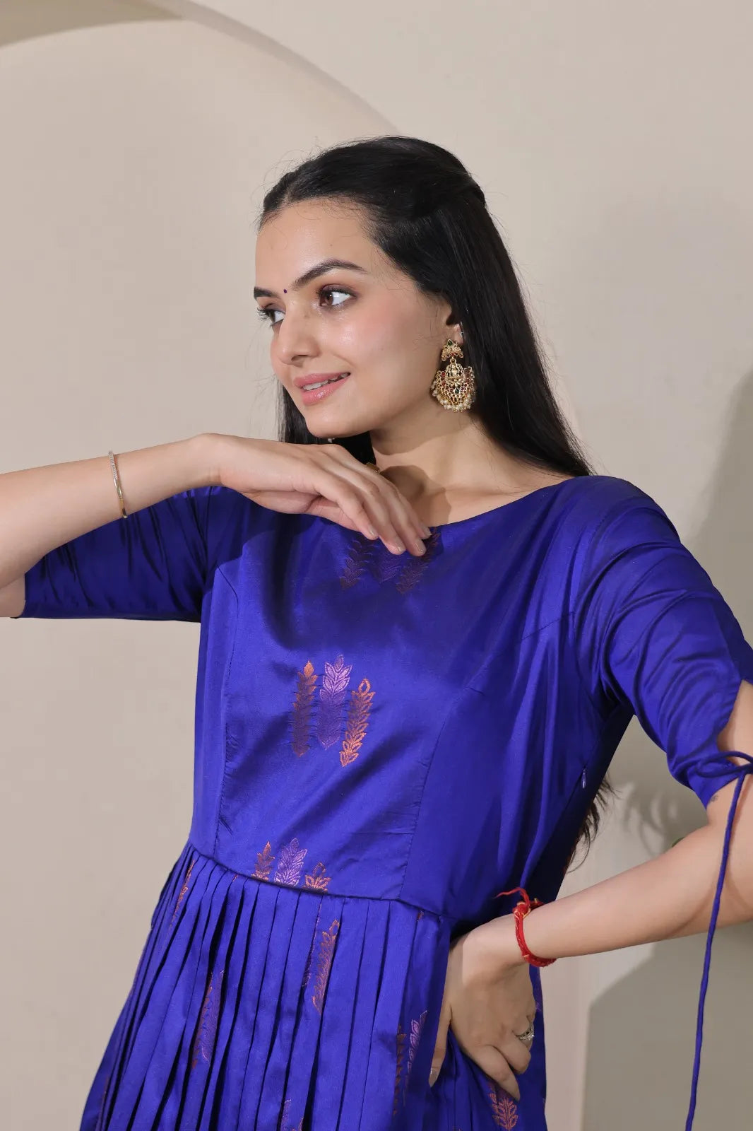 Pleated Flared Silk Tie-Up Sleeves Gown - Blue