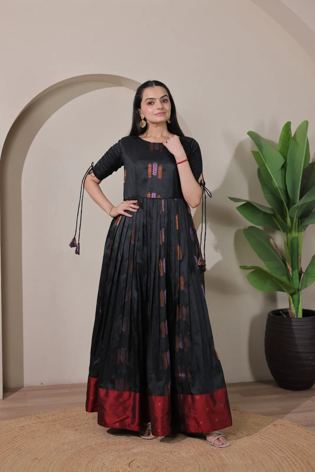 Pleated Flared Silk Tie-Up Sleeves Gown - Black