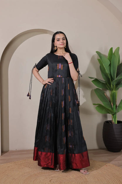 Pleated Flared Silk Tie-Up Sleeves Gown - Black