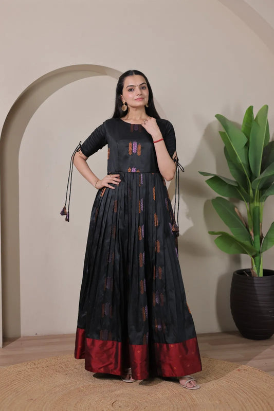 Pleated Flared Silk Tie-Up Sleeves Gown - Black