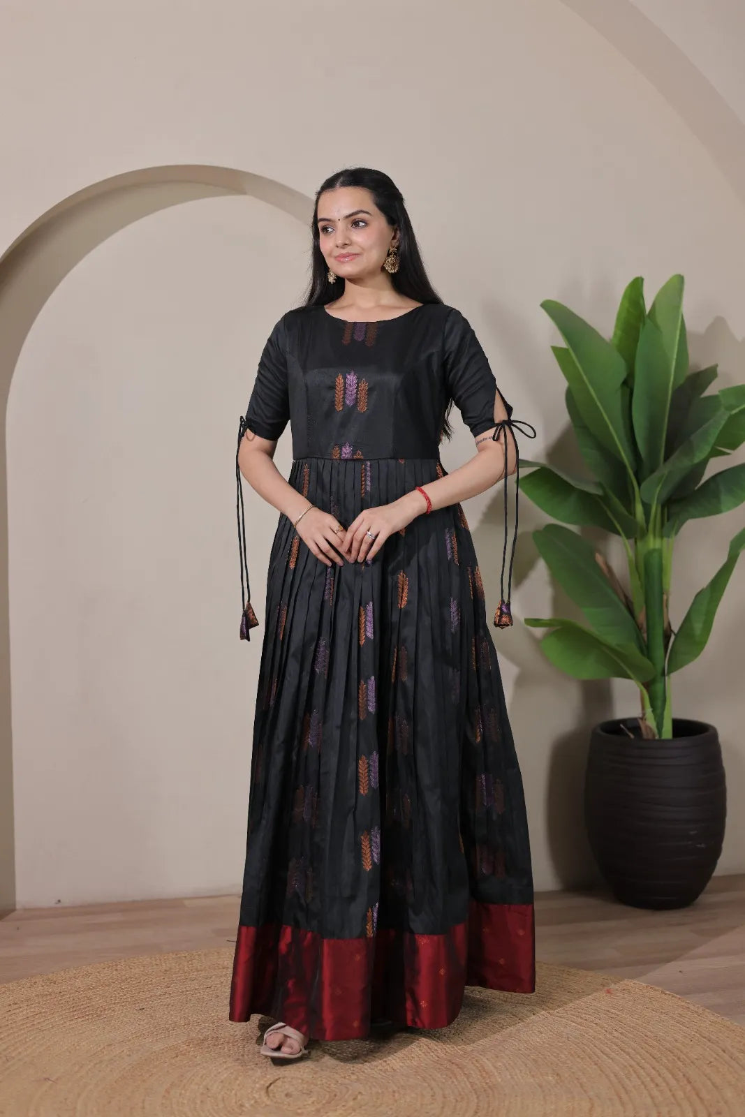 Pleated Flared Silk Tie-Up Sleeves Gown - Black
