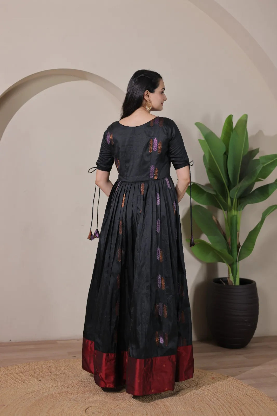 Pleated Flared Silk Tie-Up Sleeves Gown - Black