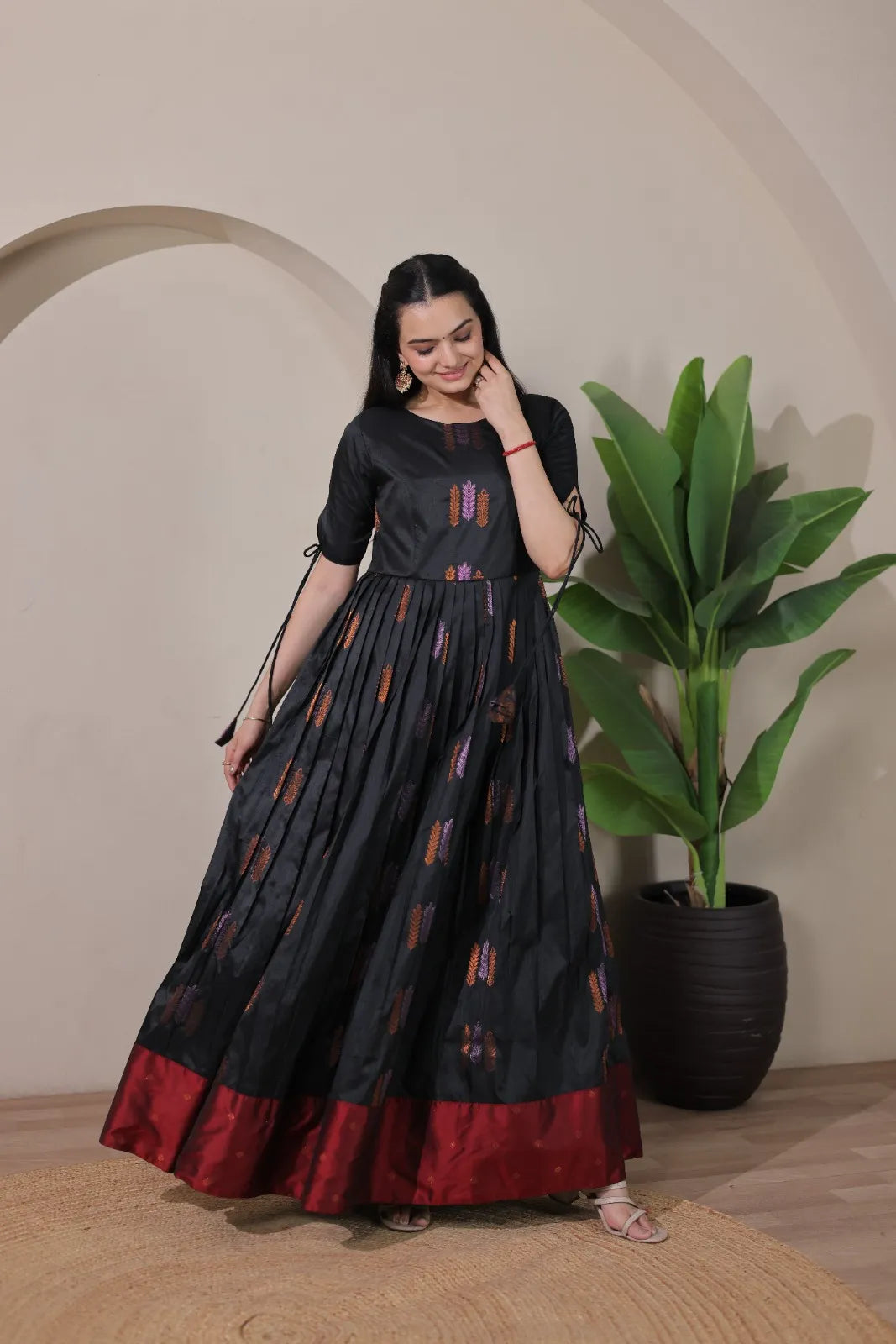 Pleated Flared Silk Tie-Up Sleeves Gown - Black