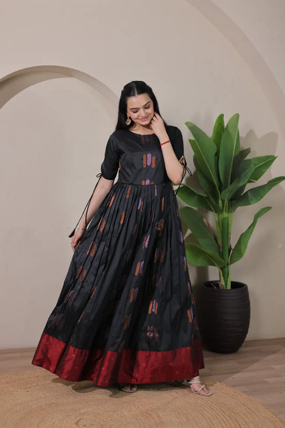 Pleated Flared Silk Tie-Up Sleeves Gown - Black