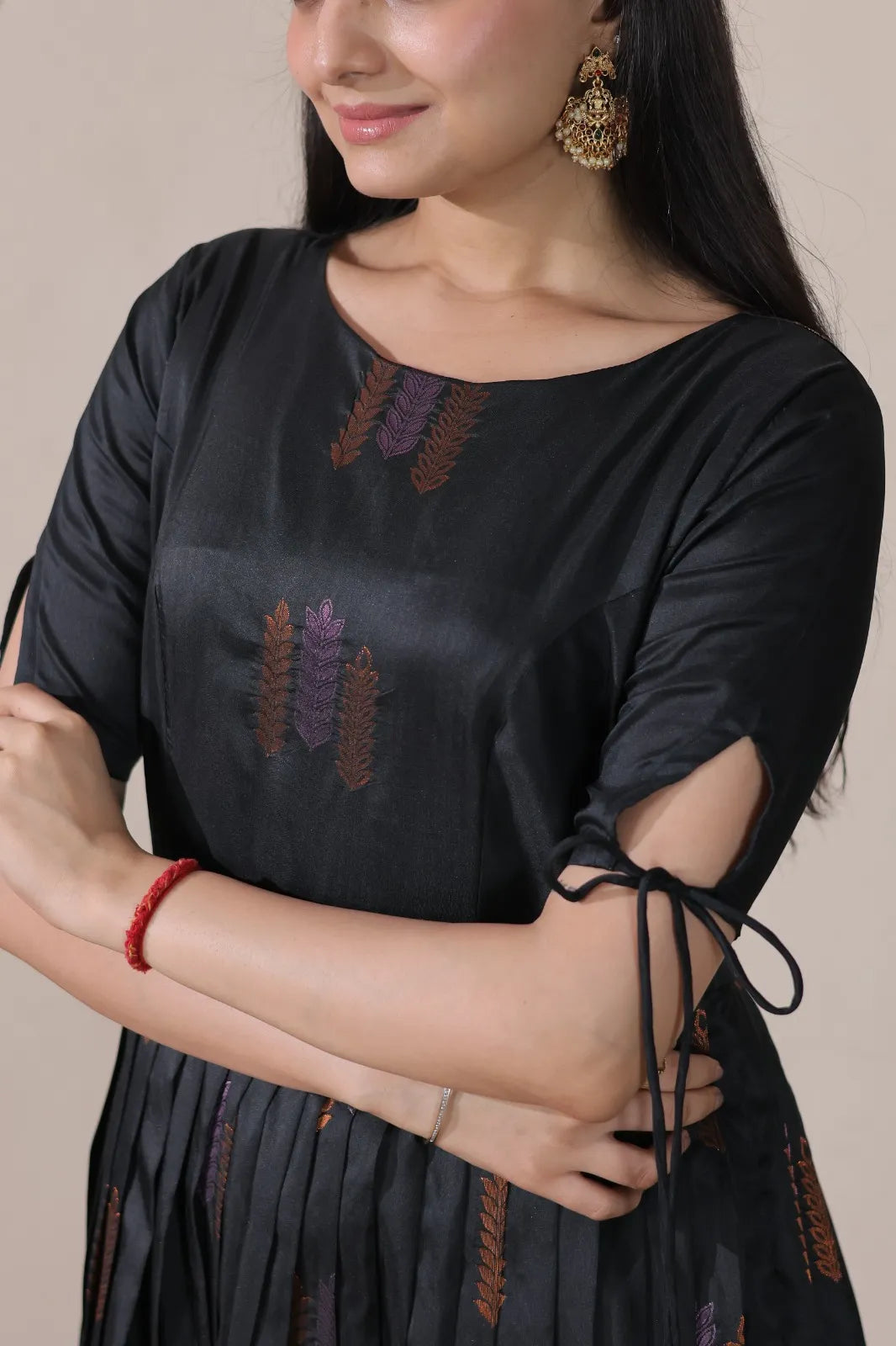 Pleated Flared Silk Tie-Up Sleeves Gown - Black