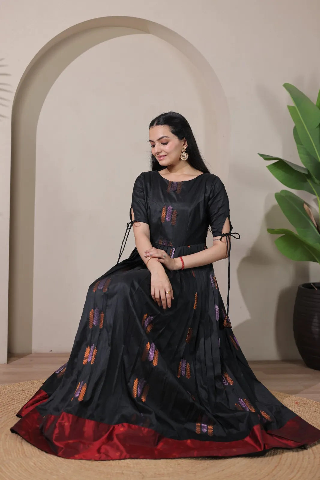 Pleated Flared Silk Tie-Up Sleeves Gown - Black