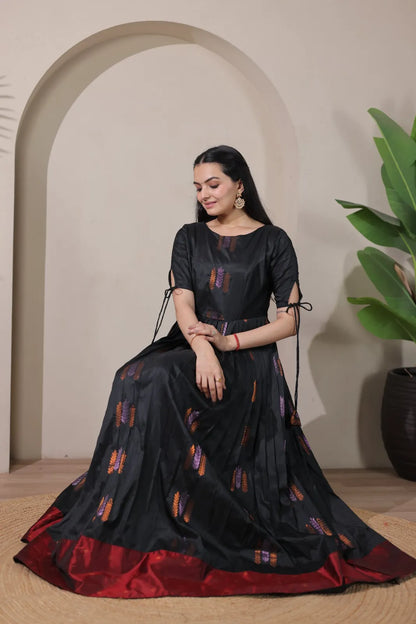 Pleated Flared Silk Tie-Up Sleeves Gown - Black