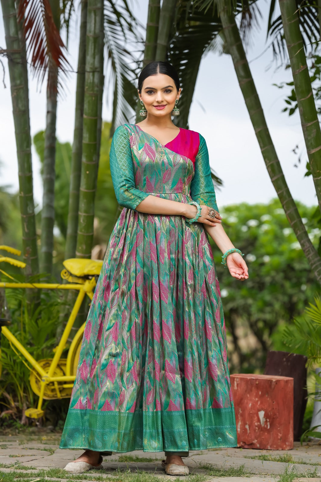 Green Leaf Motif Silk Flared Gown