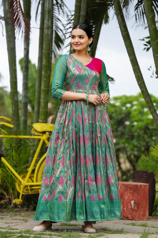 Green Leaf Motif Silk Flared Gown