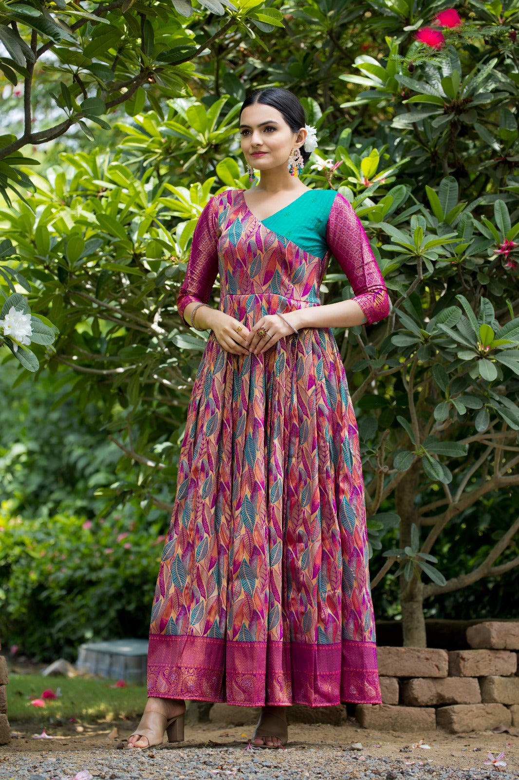 Pink Leaf Motif Silk Flared Gown