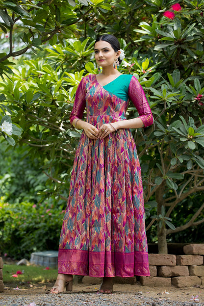 Pink Leaf Motif Silk Flared Gown