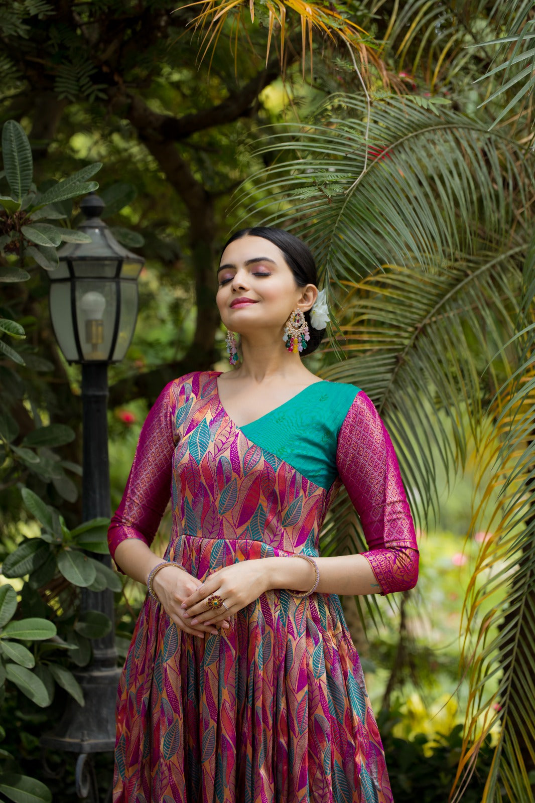 Pink Leaf Motif Silk Flared Gown