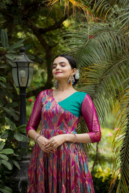 Pink Leaf Motif Silk Flared Gown