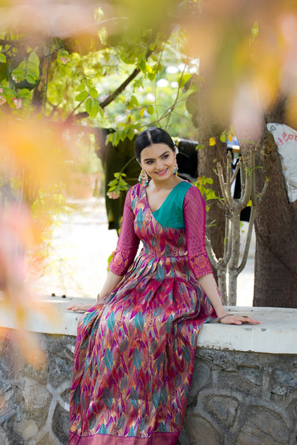 Pink Leaf Motif Silk Flared Gown