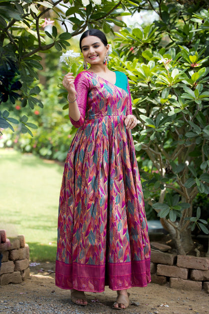 Pink Leaf Motif Silk Flared Gown