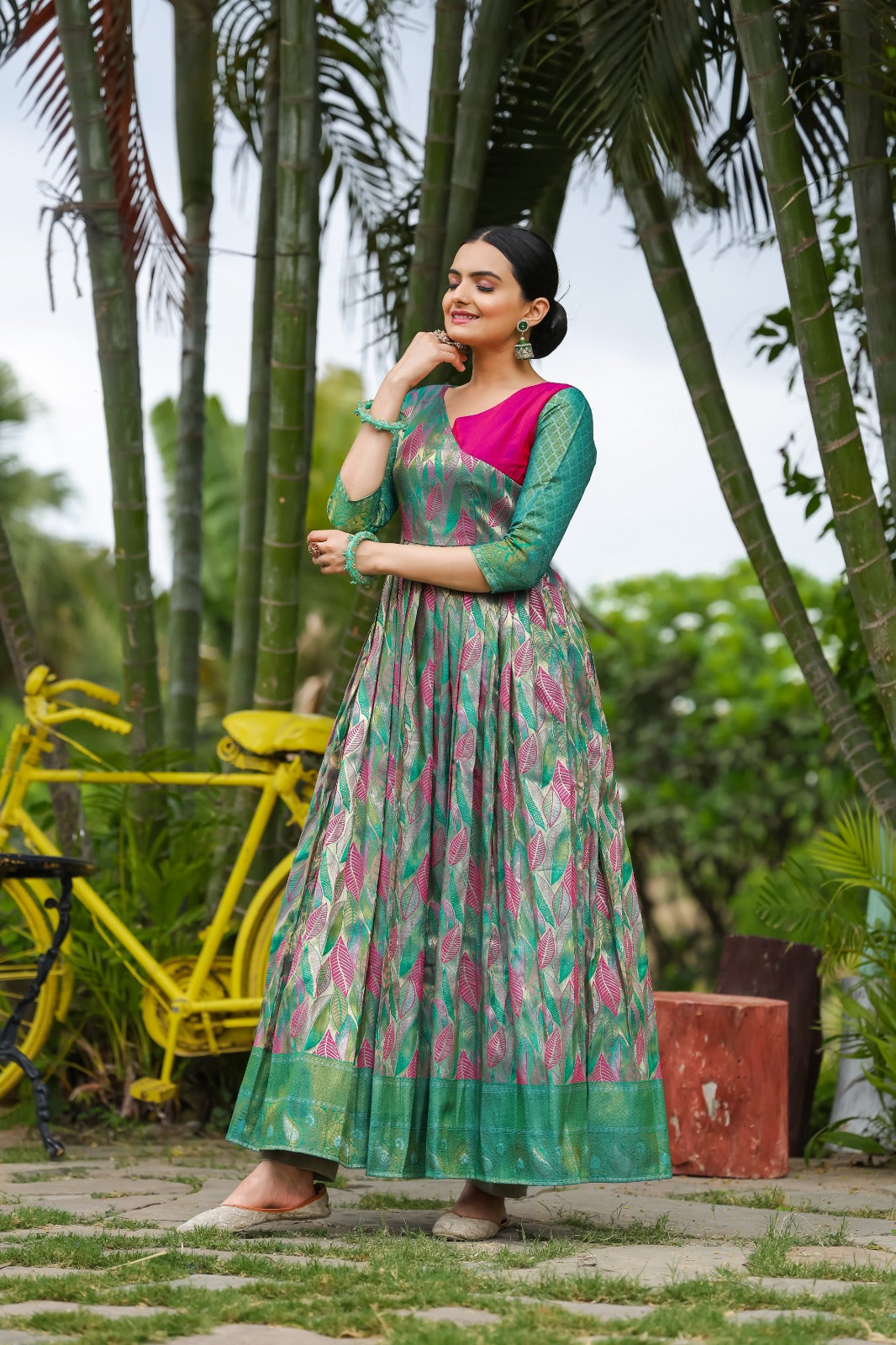 Green Leaf Motif Silk Flared Gown