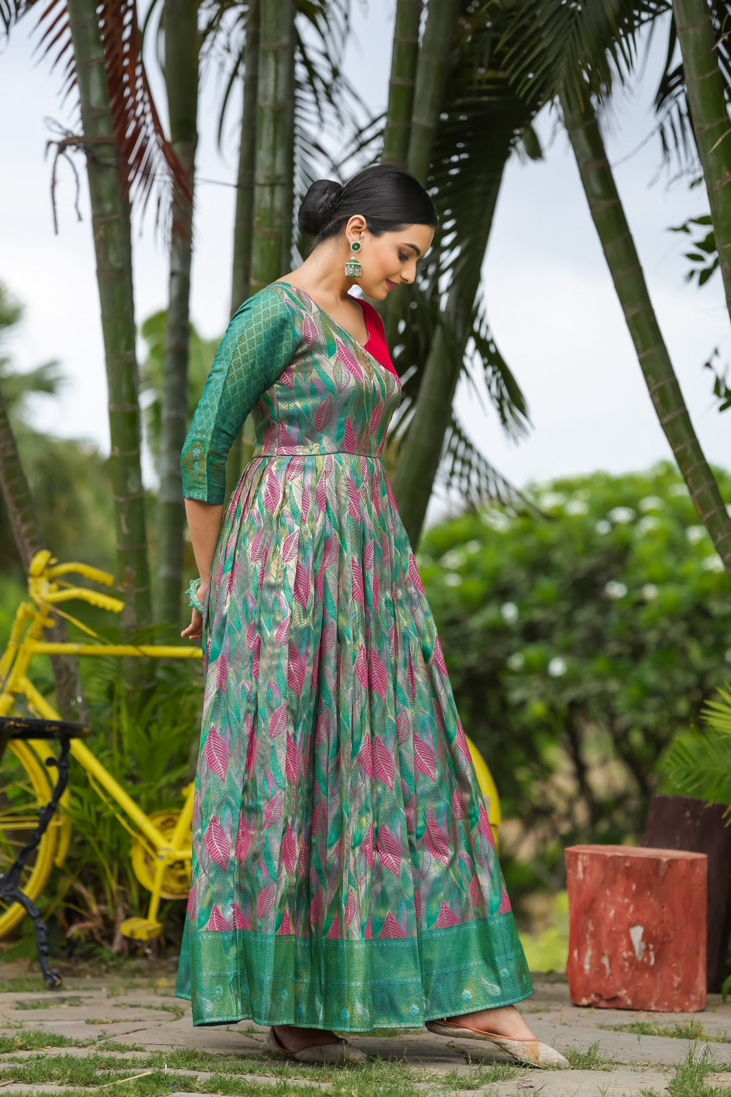 Green Leaf Motif Silk Flared Gown