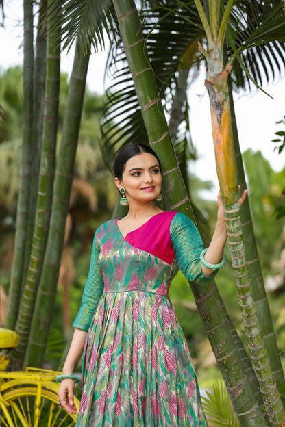 Green Leaf Motif Silk Flared Gown