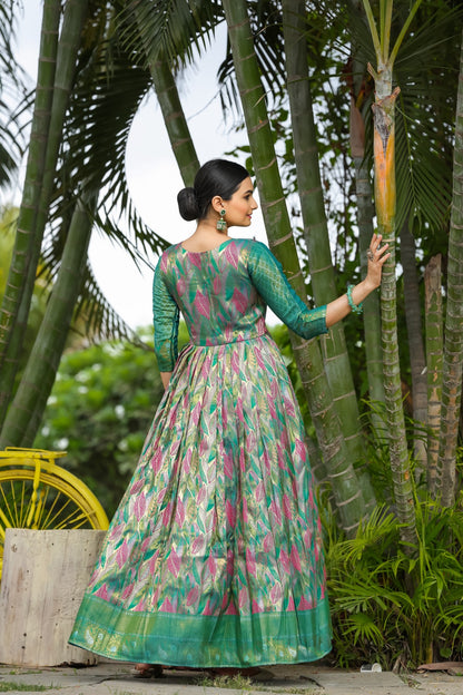 Green Leaf Motif Silk Flared Gown
