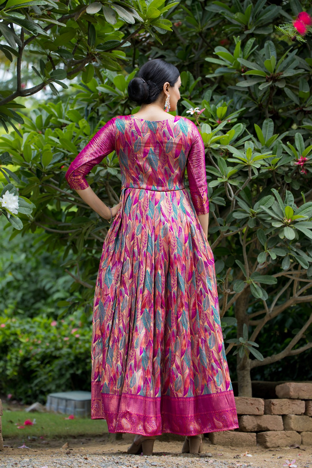 Pink Leaf Motif Silk Flared Gown