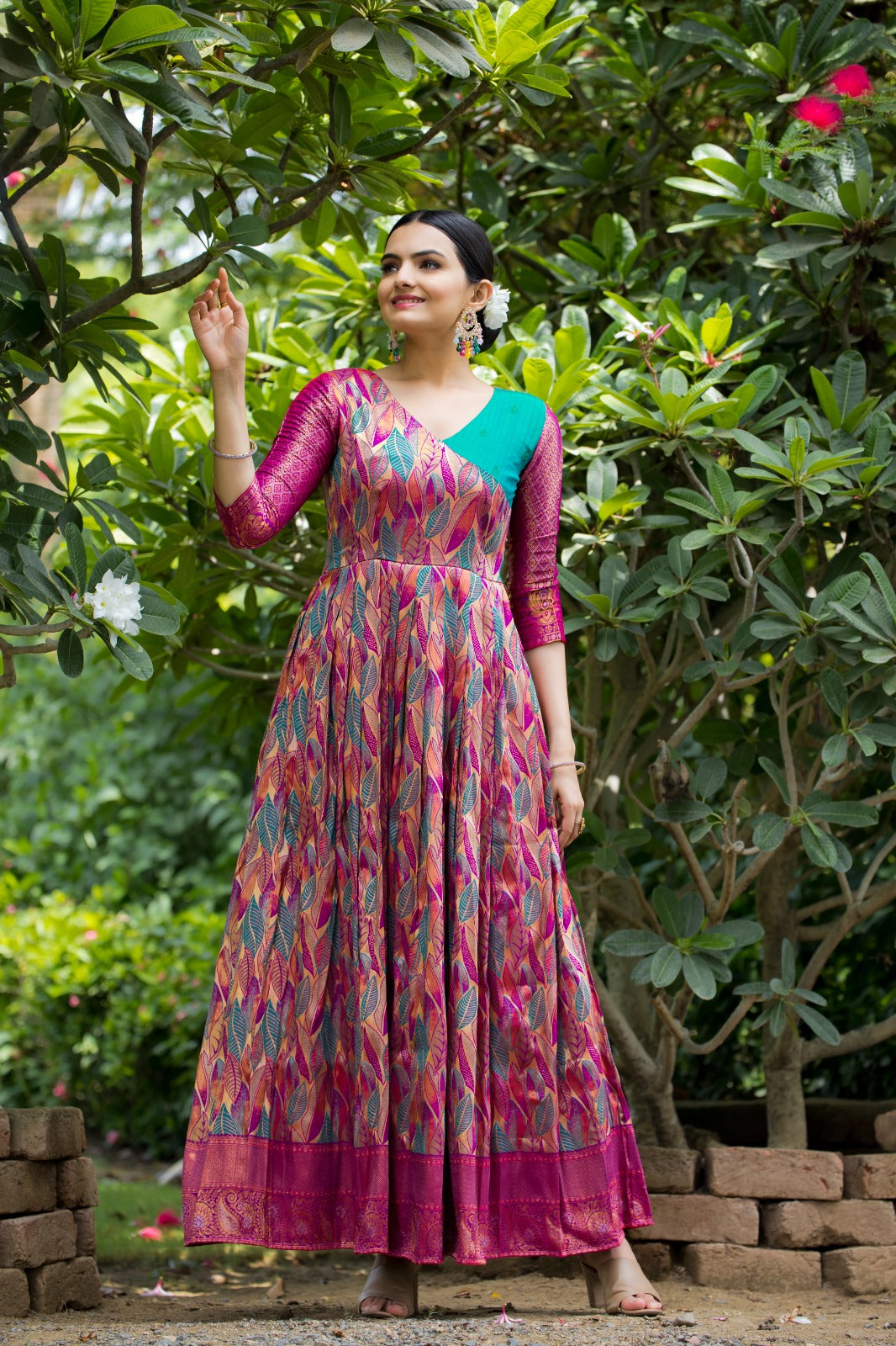 Pink Leaf Motif Silk Flared Gown