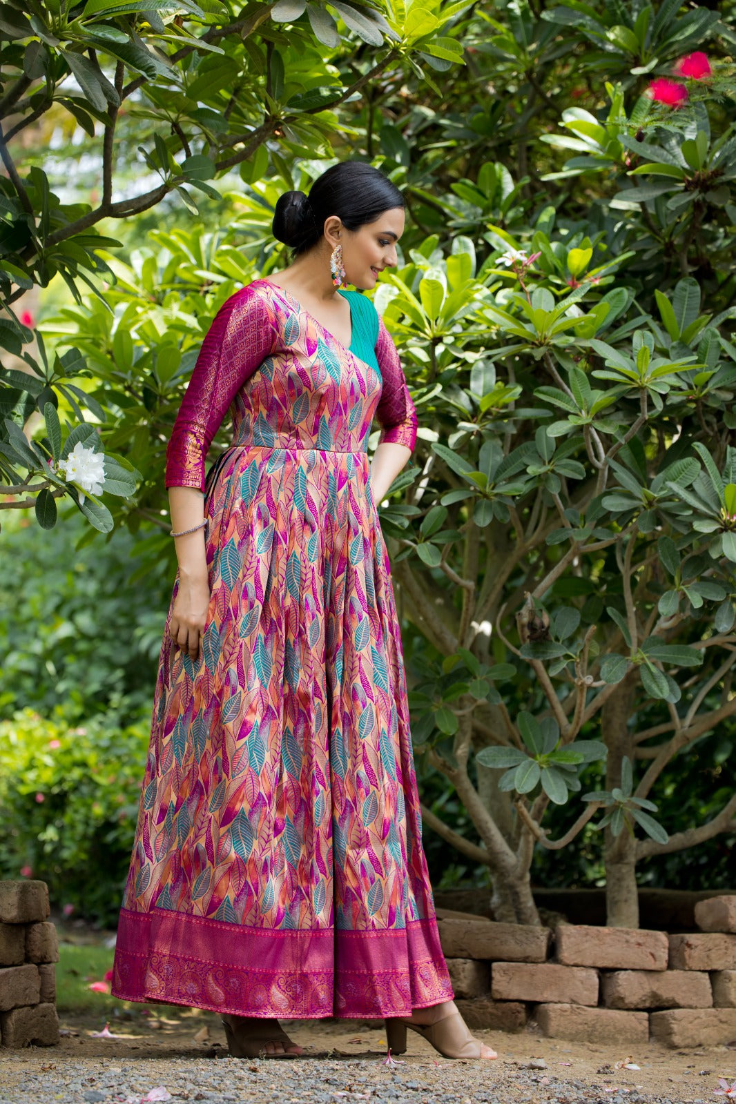 Pink Leaf Motif Silk Flared Gown