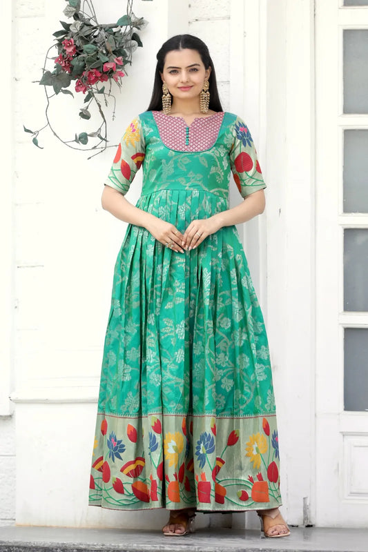 Green Floral Jacquard Flared Gown