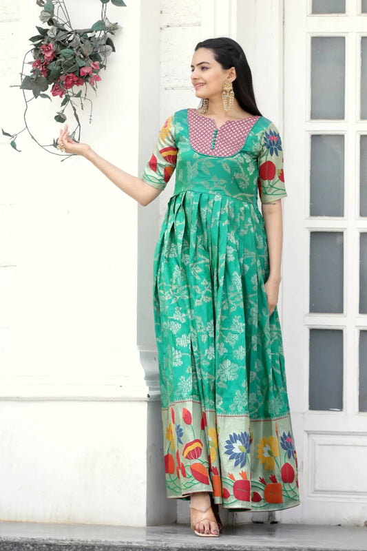 Green Floral Jacquard Flared Gown