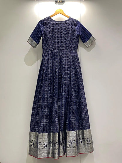 Navy Blue Zari Checks Jacket Style Flared Gown