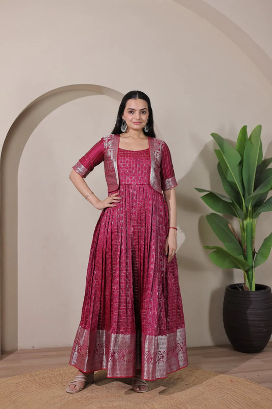 Pink Zari Checks Jacket Style Flared Gown