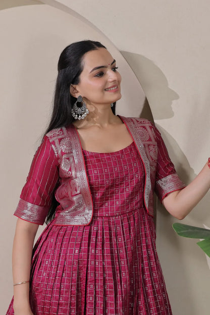 Pink Zari Checks Jacket Style Flared Gown