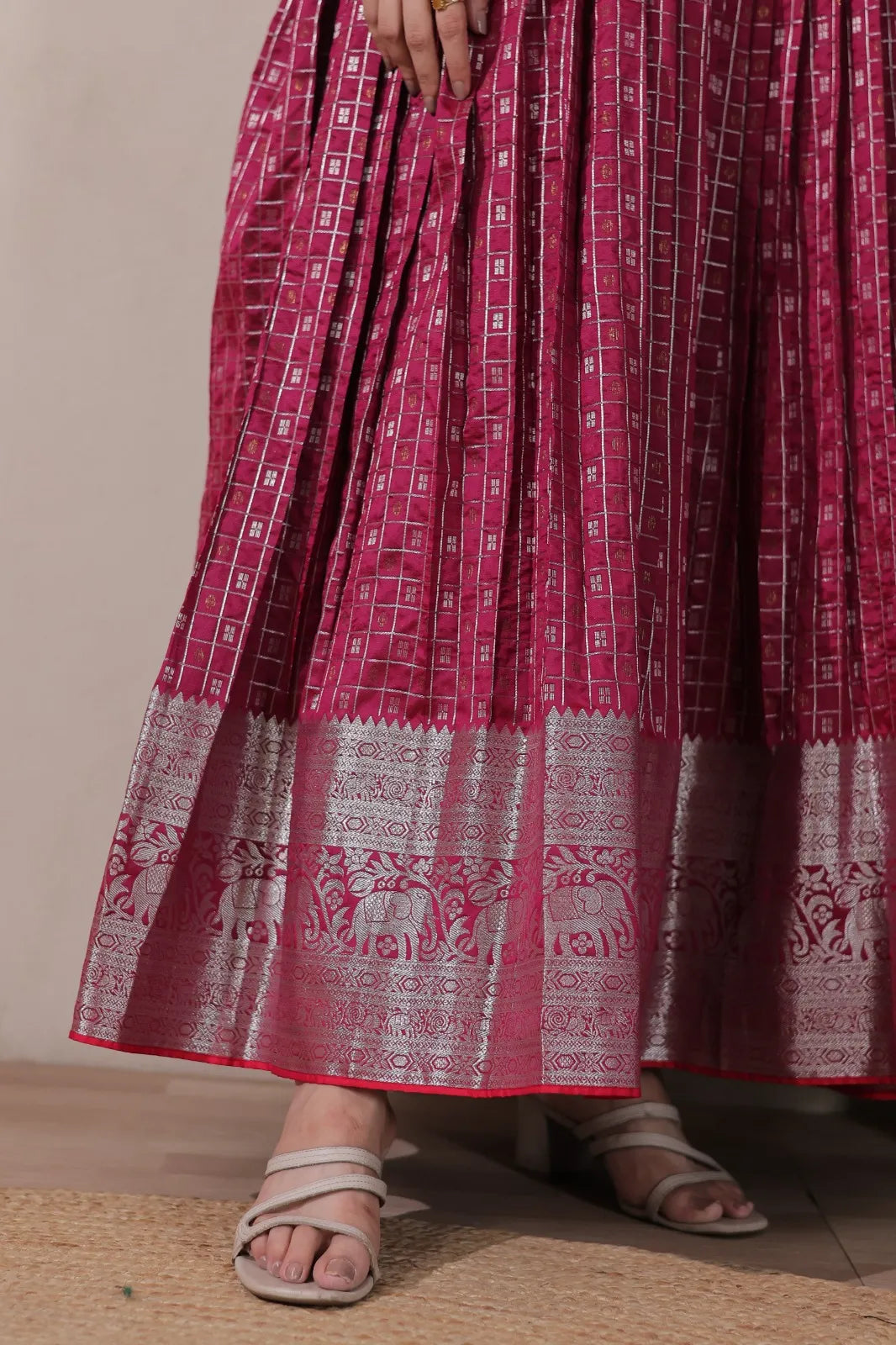 Pink Zari Checks Jacket Style Flared Gown