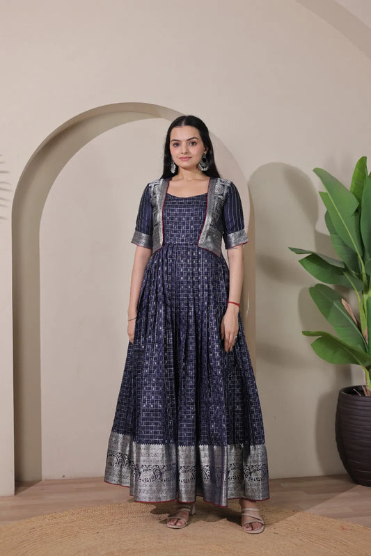 Navy Blue Zari Checks Jacket Style Flared Gown