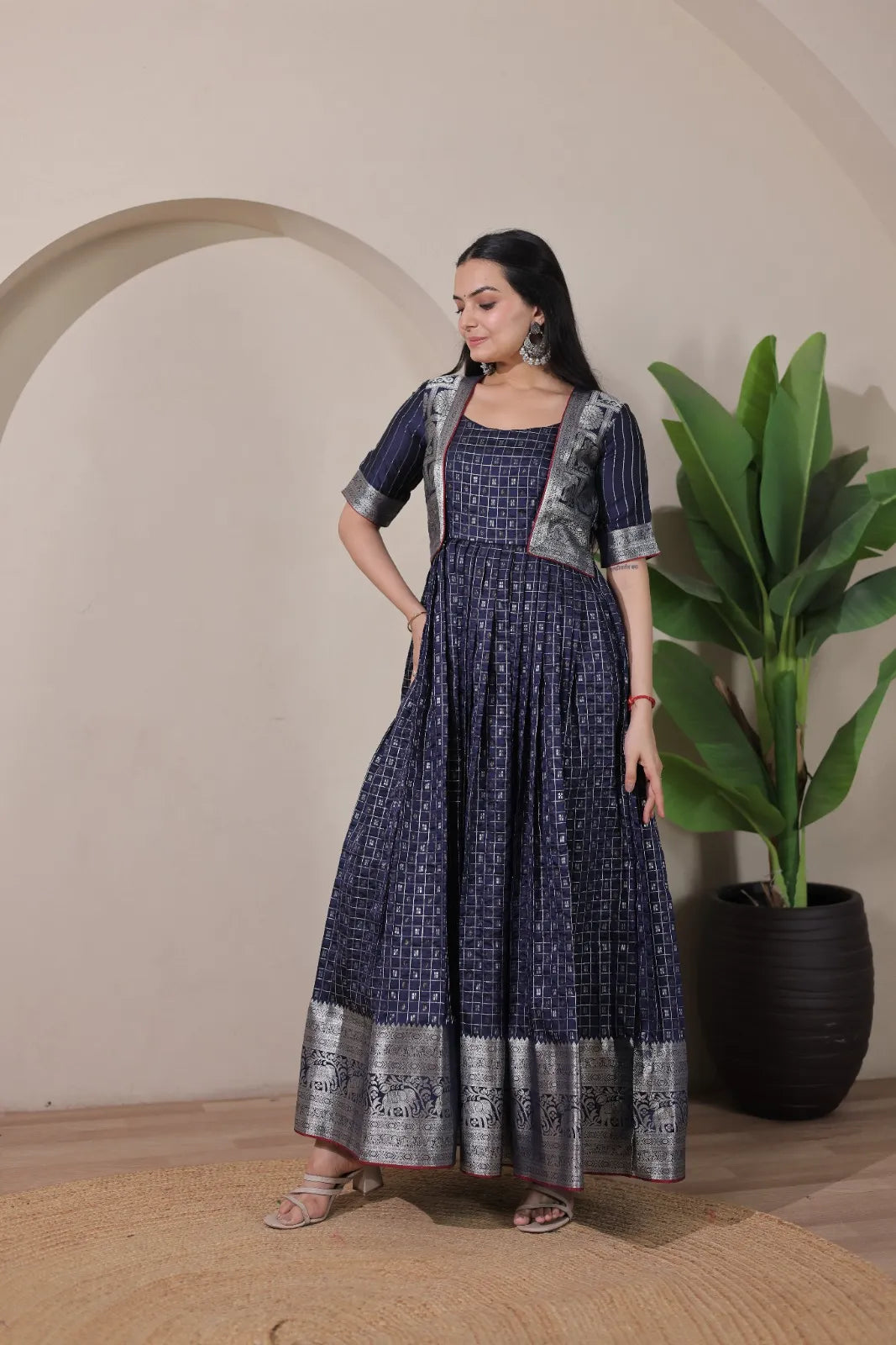 Navy Blue Zari Checks Jacket Style Flared Gown
