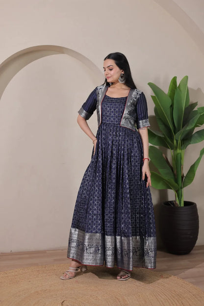 Navy Blue Zari Checks Jacket Style Flared Gown