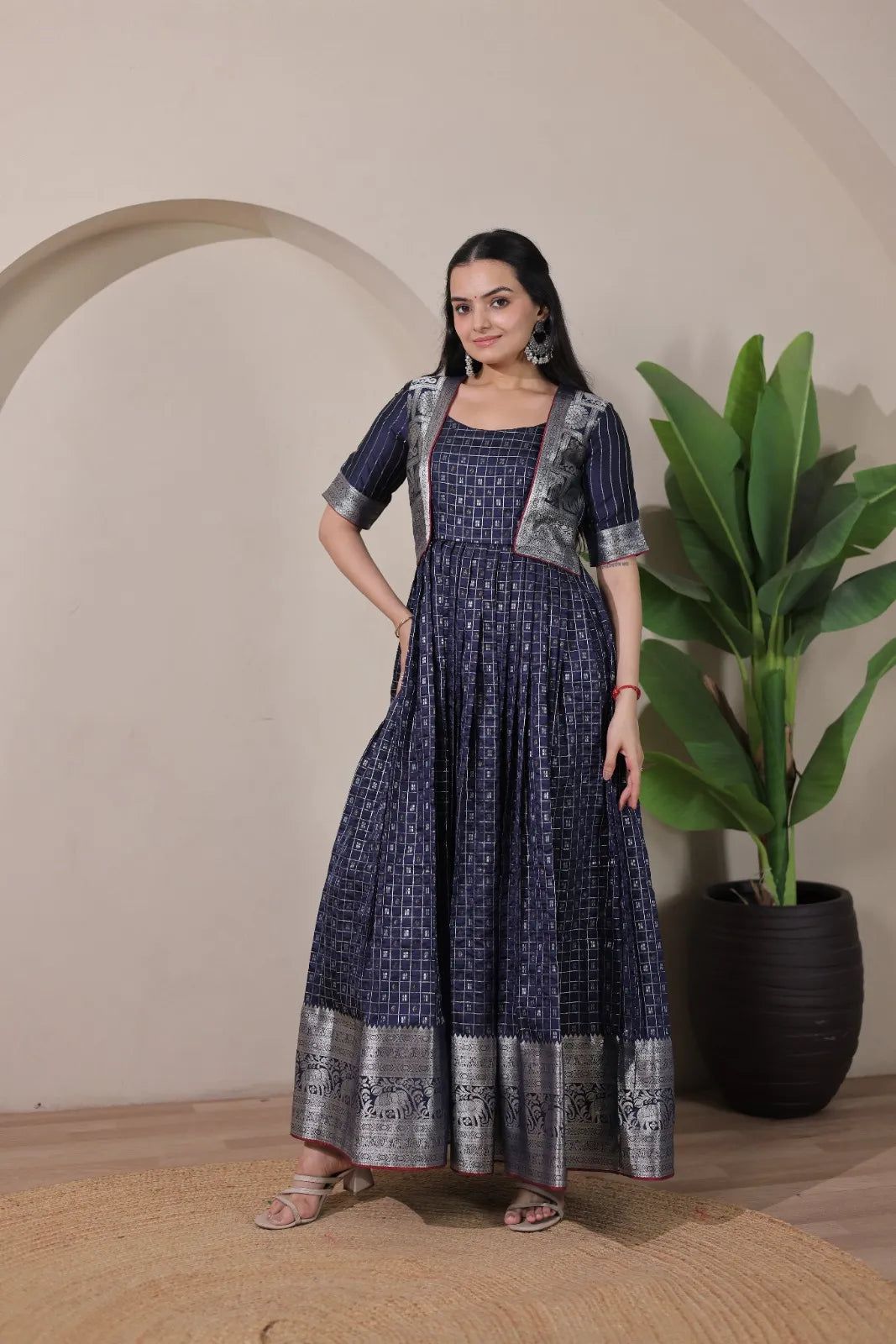 Navy Blue Zari Checks Jacket Style Flared Gown