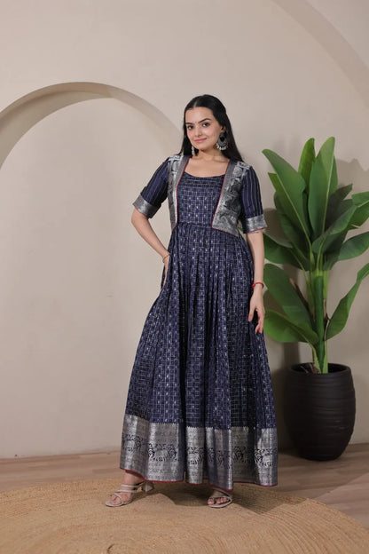 Navy Blue Zari Checks Jacket Style Flared Gown