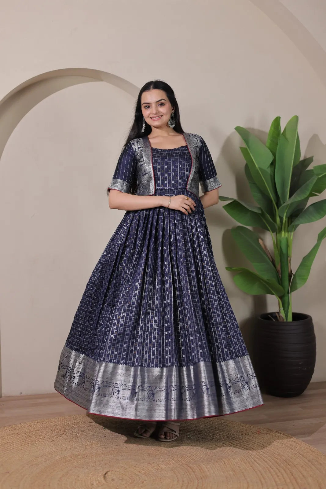 Navy Blue Zari Checks Jacket Style Flared Gown