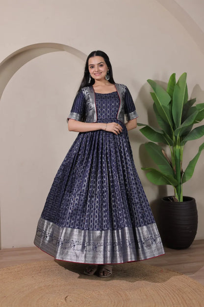 Navy Blue Zari Checks Jacket Style Flared Gown