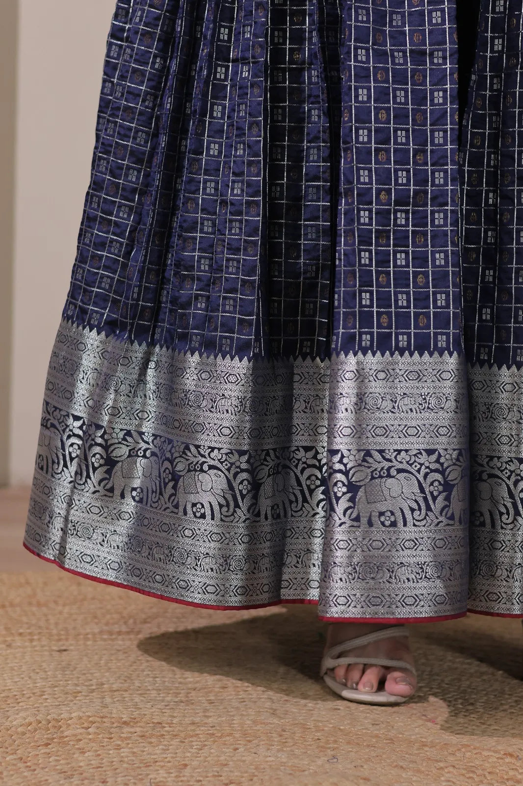 Navy Blue Zari Checks Jacket Style Flared Gown