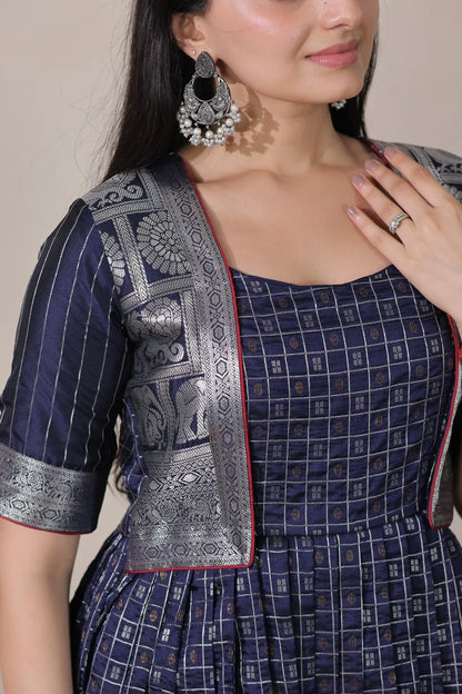 Navy Blue Zari Checks Jacket Style Flared Gown