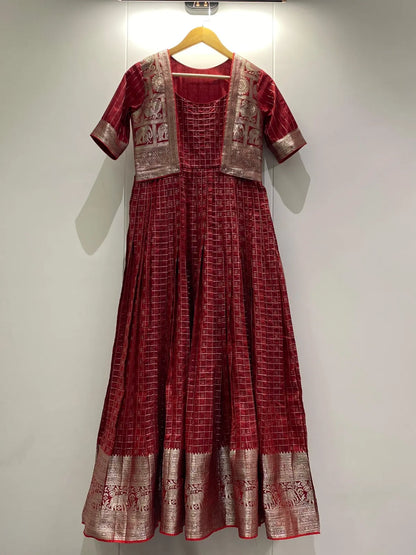 Red Zari Checks Jacket Style Flared Gown
