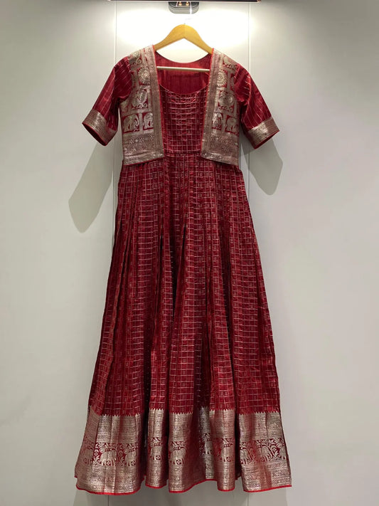 Red Zari Checks Jacket Style Flared Gown