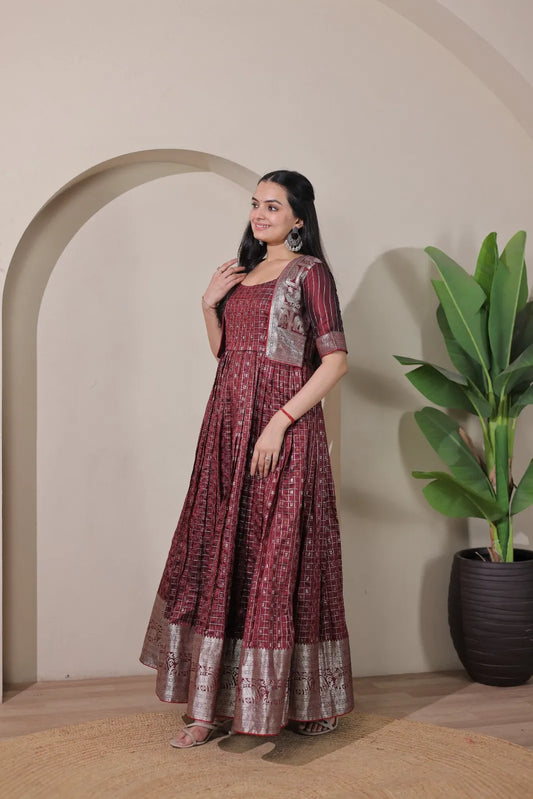 Maroon Zari Checks Jacket Style Flared Gown