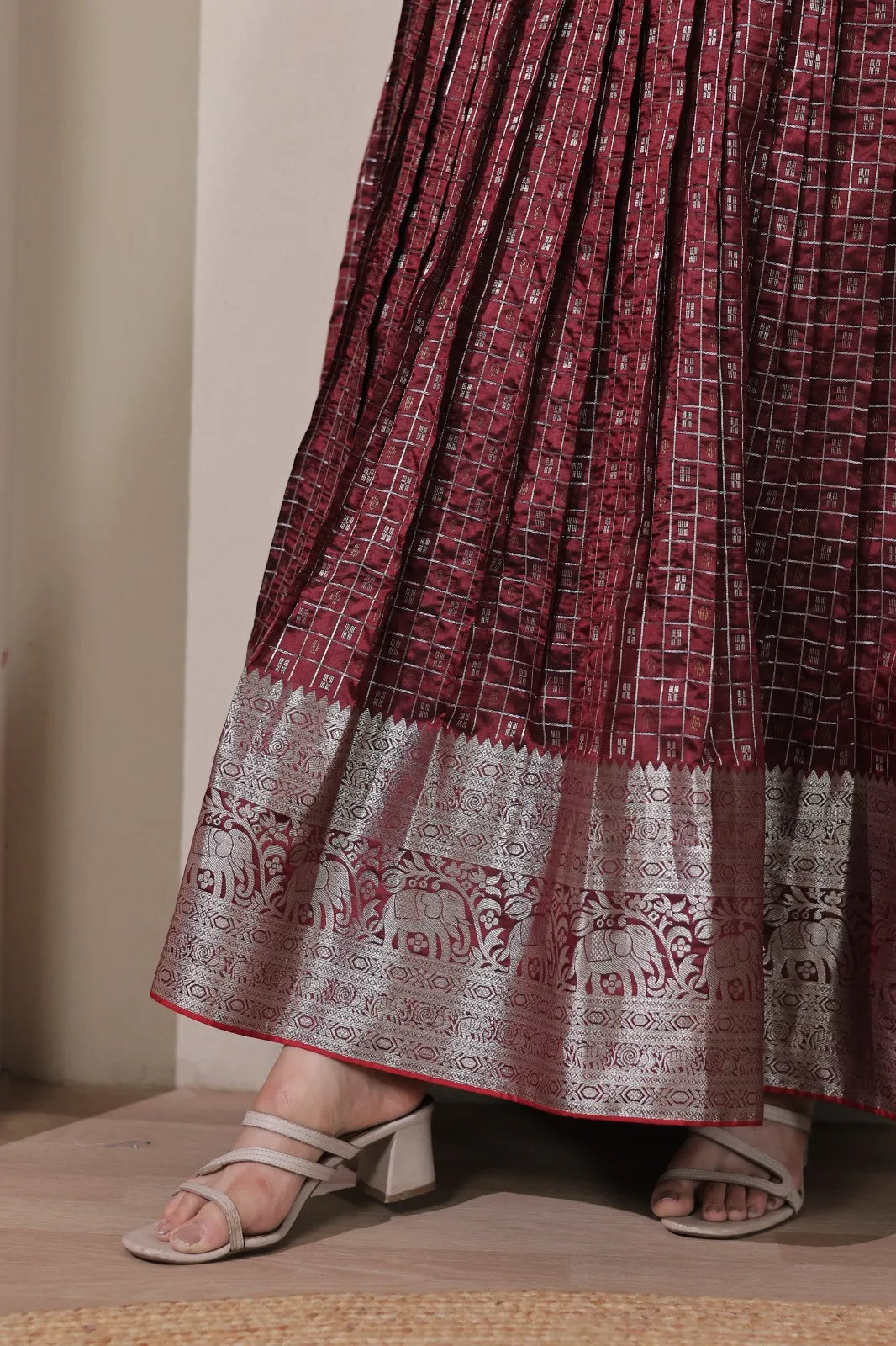 Maroon Zari Checks Jacket Style Flared Gown